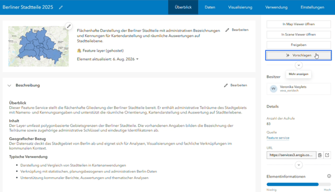 Metadatenansicht eines ArcGIS-Elements zu den Berliner Stadtteilen 2025 mit Beschreibung, geographischem Bezug, Verwendungszweck und Freigabeeinstellungen im Map Viewer.
