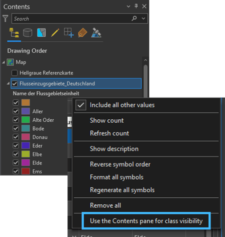 Sichtbarkeissteuerung im Inhalt bei Einzelwertsymbolisierung in ArcGIS Pro 3.4