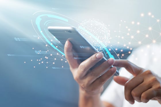 Man using mobile smart phone with global network connection
