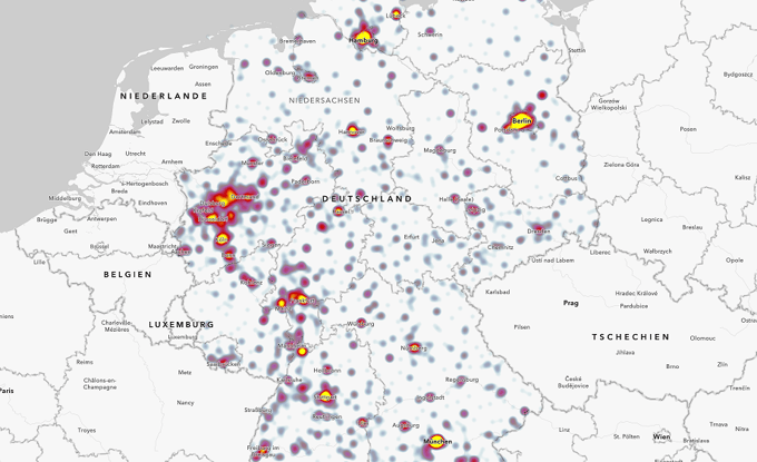 Layer der Krankenhäuser in Deutschland auf einer Heat Map