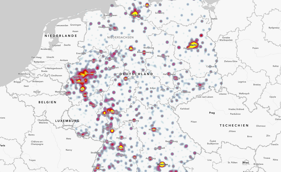 Layer der Krankenhäuser in Deutschland auf einer Heat Map