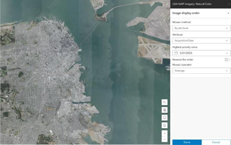 Definieren Sie Metadaten Regeln, um die Anzeige überlappender Bilder in einem Mosaik-Dataset mithilfe des Widgets Image Display Order in ArcGIS Experience Builder dynamisch zu steuern.