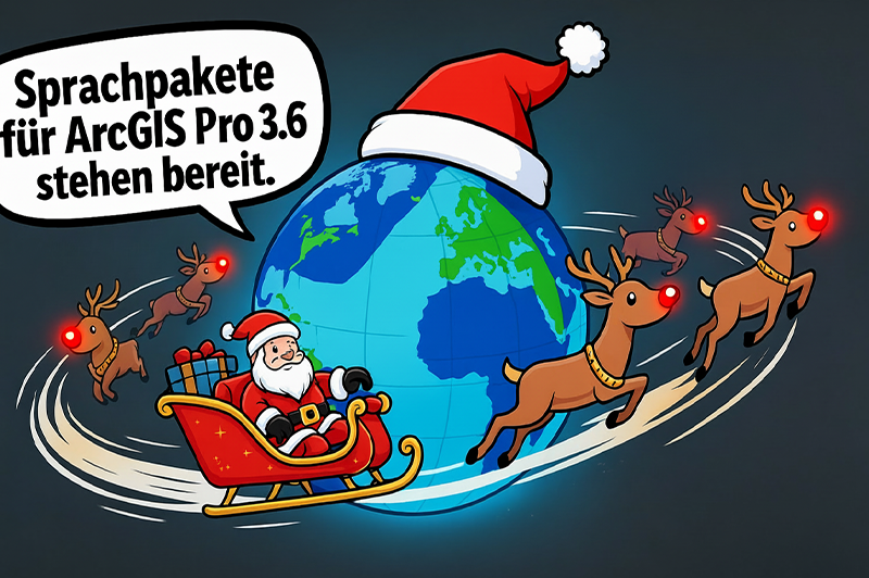 Weihnachtliche Grafik mit einerm Globus und dem Weihnachtsmann in seinem Schlitten