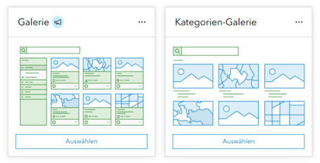 Zwei nebeneinander dargestellte Benutzeroberflächen mit den Titeln „Galerie“ und „Kategorien-Galerie“. Beide zeigen schematische Layouts von Karten- oder Listenansichten mit Suchfeldern am oberen Rand und mehreren rechteckigen Vorschauelementen darunter, die Bilder oder Inhalte symbolisieren. In der linken Ansicht ist zusätzlich eine vertikale Seitenleiste mit Listenelementen sichtbar. Unter beiden Bereichen befindet sich jeweils ein Button mit der Beschriftung „Auswählen“. Die Darstellung ist in einem vereinfachten, grafischen Stil mit blauen und grünen Linien gehalten.