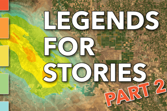 Titelgrafik mit der Aufschrift „LEGENDS FOR STORIES – PART 2“ über einer Satellitenkarte mit landwirtschaftlichen Flächen und Farbabstufungen. Links sind farbige Kästchen angeordnet, die unterschiedliche Legendenkategorien darstellen, während die farblich hervorgehobenen Flächen auf der Karte die visuelle Umsetzung von Kartensymbolik zeigen.