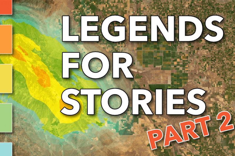 Titelgrafik mit der Aufschrift „LEGENDS FOR STORIES – PART 2“ über einer Satellitenkarte mit landwirtschaftlichen Flächen und Farbabstufungen. Links sind farbige Kästchen angeordnet, die unterschiedliche Legendenkategorien darstellen, während die farblich hervorgehobenen Flächen auf der Karte die visuelle Umsetzung von Kartensymbolik zeigen.