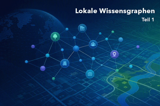Visualisierung eines räumlichen Wissensgraphen über einer digitalen Karte mit vernetzten Knotenpunkten und Symbolen für Orte, Personen, Infrastruktur und Umweltinformationen.