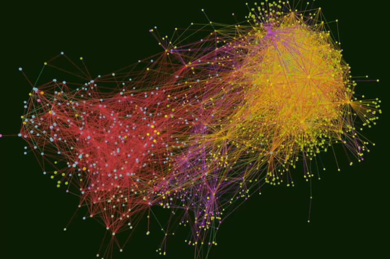 Visualisierung eines Wissensgraphen mit farbigen Knoten und Verbindungen, die komplexe Beziehungen und Netzwerke zwischen Daten darstellen.