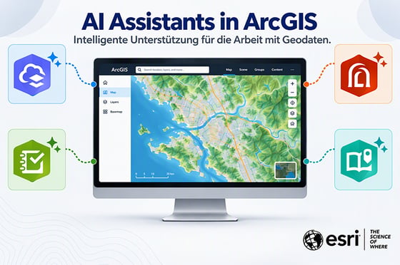 Illustration von KI-Assistenten in ArcGIS mit einer Kartenanwendung und Werkzeugen zur Unterstützung bei der Arbeit mit Geodaten.