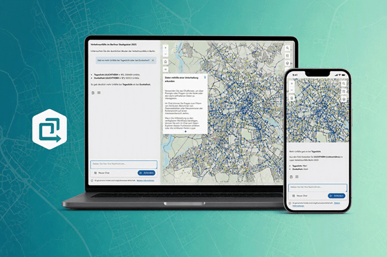 Titelbild einer ArcGIS-Anwendung mit interaktiver Karte von Berlin und integriertem KI-Assistenten auf Laptop und Smartphone zur Analyse räumlicher Daten.