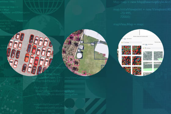 Grafik mit drei kreisförmigen Ausschnitten, die unterschiedliche GeoAI-Anwendungsfälle zeigen: links Fahrzeugerkennung mit Bounding-Boxen, in der Mitte Segmentierung von Vegetation und Gebäuden, rechts Darstellung von Trainingsdaten und Klassifikationsergebnissen in einer Benutzeroberfläche.