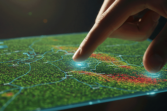 Nahaufnahme einer Hand, die mit dem Finger auf eine digitale Kartenoberfläche zeigt. Die Karte ist in grünen Farbtönen dargestellt und zeigt ein Netzwerk aus Straßen und Geodaten, ergänzt durch farbige Punkte und Bereiche in Gelb und Rot, die unterschiedliche Datendichten oder Werte visualisieren. An der Berührungsstelle leuchtet ein heller Punkt auf, der die Interaktion mit der Karte hervorhebt. Die Szene vermittelt die Nutzung einer interaktiven GIS-Anwendung zur Analyse und Visualisierung räumlicher Daten.