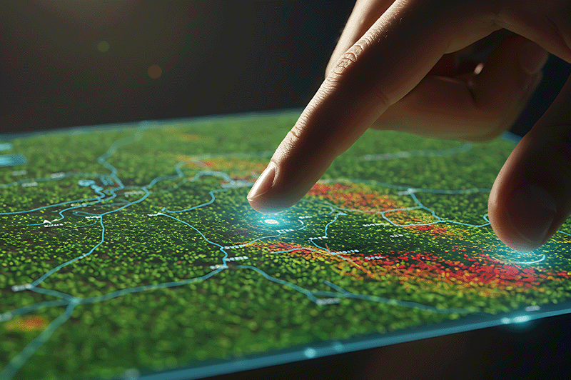 Nahaufnahme einer Hand, die mit dem Finger auf eine digitale Kartenoberfläche zeigt. Die Karte ist in grünen Farbtönen dargestellt und zeigt ein Netzwerk aus Straßen und Geodaten, ergänzt durch farbige Punkte und Bereiche in Gelb und Rot, die unterschiedliche Datendichten oder Werte visualisieren. An der Berührungsstelle leuchtet ein heller Punkt auf, der die Interaktion mit der Karte hervorhebt. Die Szene vermittelt die Nutzung einer interaktiven GIS-Anwendung zur Analyse und Visualisierung räumlicher Daten.