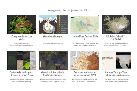 Übersichtsseite mit ausgewählten GIS- und Kartografieprojekten der Berliner Hochschule für Technik (BHT). Gezeigt werden unter anderem Visualisierungen zum Energieverbrauch in Berlin, Gletschern der Alpen, einer interaktiven Stadtkarte, einem 3D-Relief von Island sowie weiteren geowissenschaftlichen und kartografischen Anwendungen.