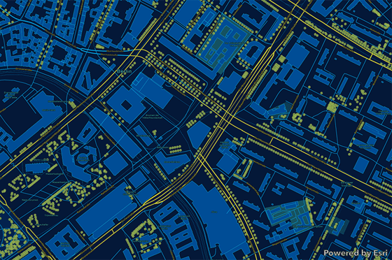 Digitale Stadtkarte mit Gebäuden, Straßen und Baumbestand, dargestellt als GIS-Grundkarte in Blau- und Gelbtönen.