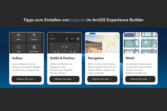 Screenshot einer ArcGIS Experience Builder-Seite mit vier Layout-Tipps: Aufbau, Größe & Position, Navigation und Mobil, jeweils mit Schaltfläche „Erfahren Sie mehr“.