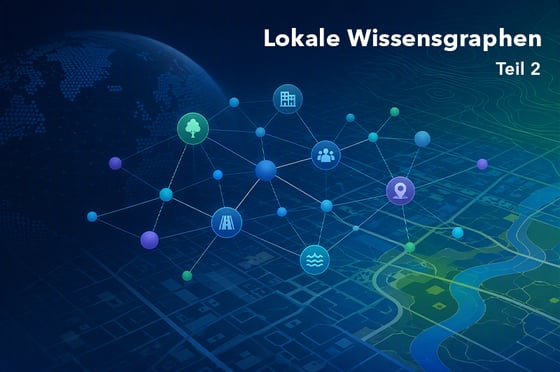 Grafische Darstellung eines lokalen Wissensgraphen mit vernetzten Entitäten über einer Kartenansicht. Die Knoten repräsentieren verschiedene Objekte wie Organisationen, Standorte, Infrastruktur und Ressourcen, die durch Beziehungen miteinander verbunden sind. Im Hintergrund sind eine Weltkarte und geographische Kartenelemente sichtbar. Titel: „Lokale Wissensgraphen – Teil 2“.