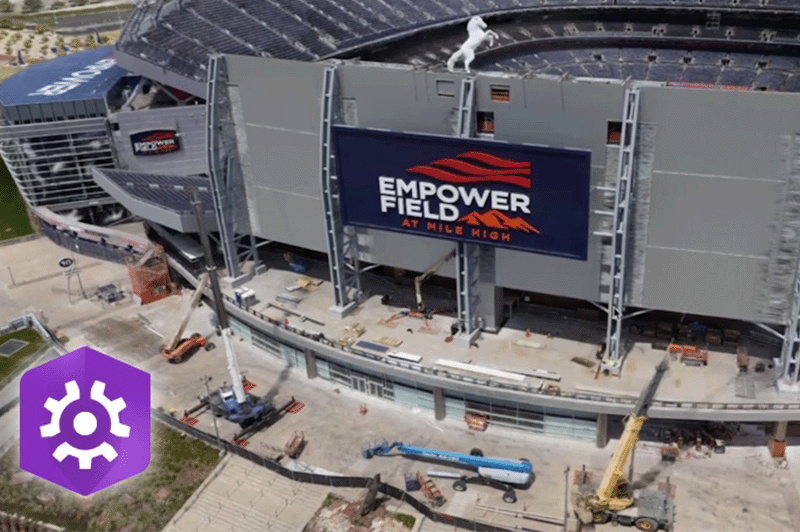 3D-Szene einer Arena mit dem Logo von ArcGIS Maps SDK for Native Apps in der unteren linken Ecke