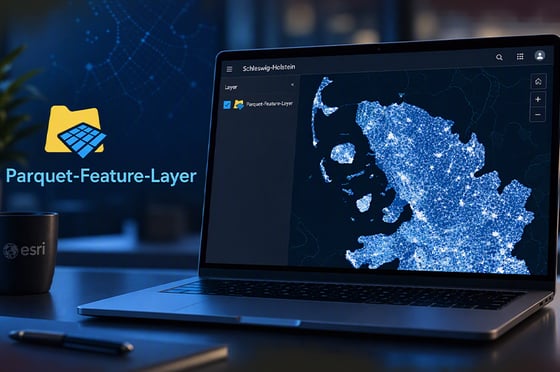 Visualisierung eines Parquet-Feature-Layers in ArcGIS Online. Auf einem Laptop wird eine Karte von Schleswig-Holstein mit einer großen Anzahl dargestellter Geodaten angezeigt.