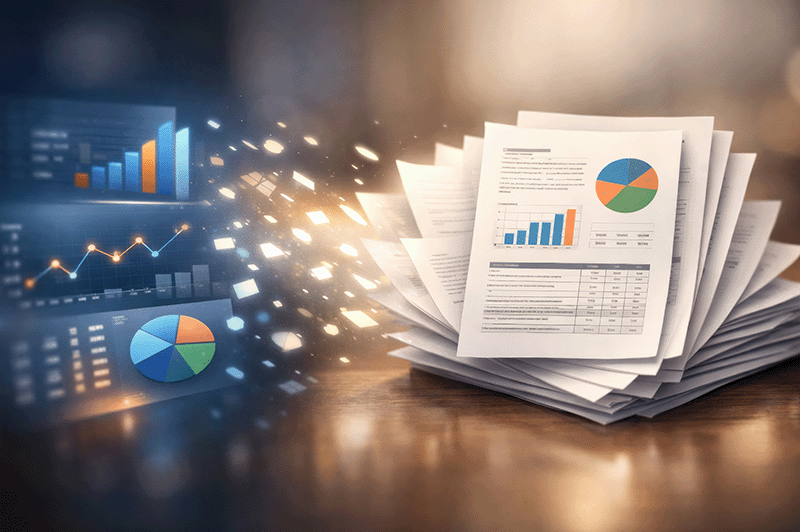 Digitale Dashboards mit Diagrammen und Kennzahlen gehen in einen Stapel gedruckter Berichte mit Kreisdiagrammen, Balkendiagrammen und Tabellen über. Symbolbild für Print-Reporting, Datenanalyse und Unternehmensberichte.