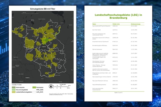 Bericht zu Schutzgebieten in Brandenburg mit einer Übersichtskarte der Schutzgebiete und einem Unterbericht zu Landschaftsschutzgebieten mit Tabellenangaben zu Fläche und Erstausweisungsdatum.