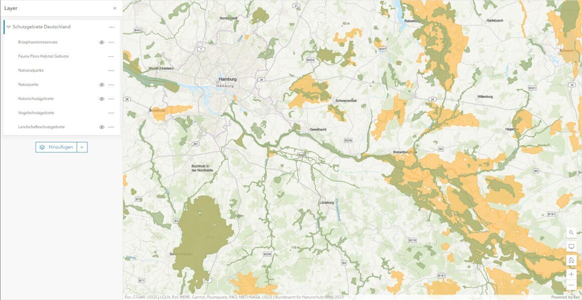Kartenausschnitt zeigt Schutzgebiete Deutschlands