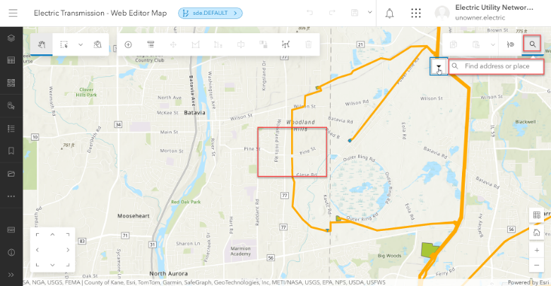 Area of Interest in der Web Editor Map für Electric Transmission suchen