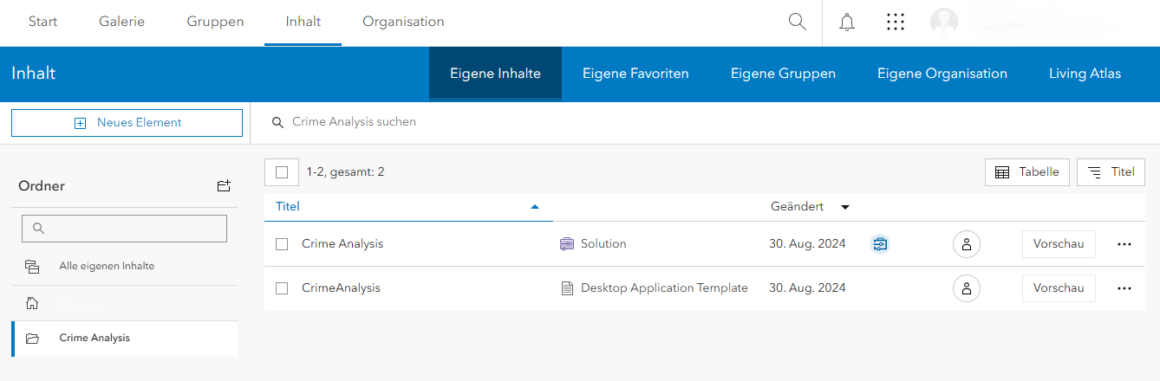 Solution-Element in den ArcGIS Online Inhalten