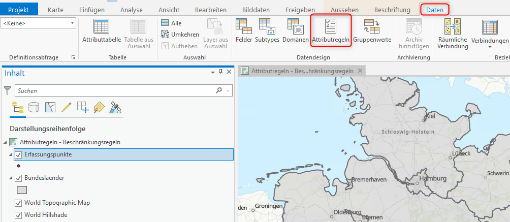 Attributregeln in ArcGIS unter dem Reiter "Daten"