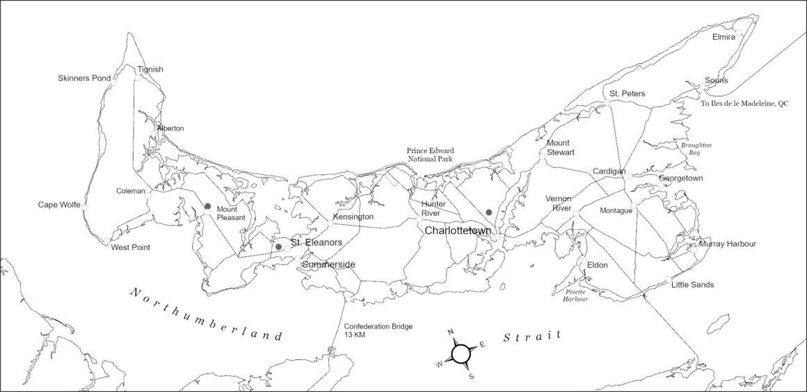 Schwarz‑weiße Übersichtskarte von Prince Edward Island in Kanada mit beschrifteten Städten wie Charlottetown, Summerside, Montague und Georgetown, dargestellt mit Straßenverbindungen, Flüssen, Nationalpark‑Bereichen und der Confederation Bridge über die Northumberlandstraße.