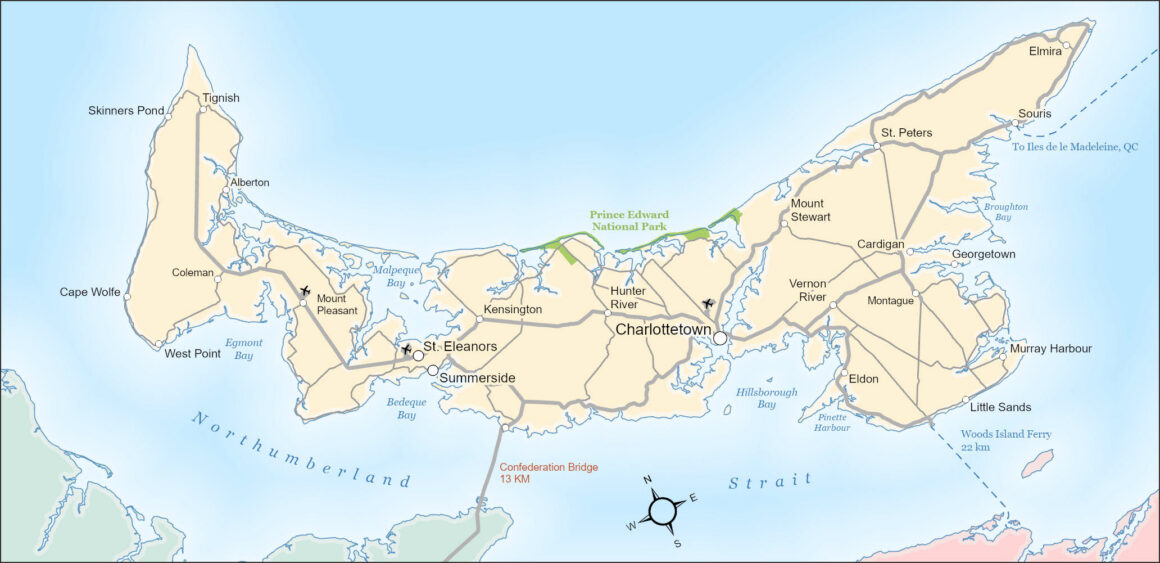 Farbige Übersichtskarte von Prince Edward Island in Kanada mit gut unterscheidbaren Farbtönen für Land und Wasser, beschrifteten Orten wie Charlottetown, Summerside, Kensington und Souris, Verkehrswegen, Flüssen, Küstenlinien sowie dem Prince Edward Island National Park und der Confederation Bridge.