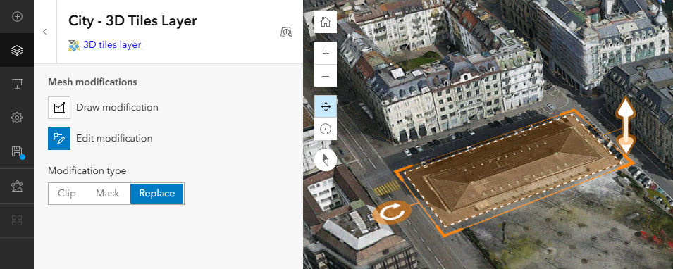 Screenshot aus ArcGIS mit einem 3D Tiles Layer einer Stadt: Ein ausgewähltes Gebäude wird hervorgehoben und über die Funktion ‚Mesh modifications‘ (Replace) im linken Panel bearbeitet.