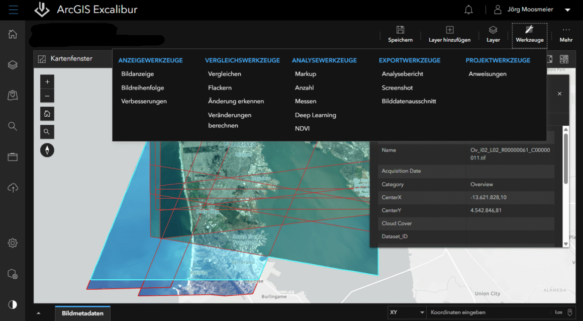 ArcGIS Excalibur mit geöfnetem Projekt und Werkzeugen