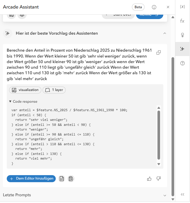 Promt an den Arcade Assistenten und erzeugter Code