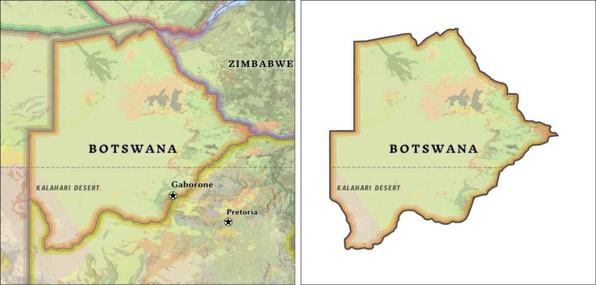 Vergleichende Kartenansicht von Botswana in Afrika zur Veranschaulichung der Figur‑Grund‑Organisation: links Botswana im regionalen Kontext mit Nachbarstaaten, Gelände und Beschriftungen, rechts eine freigestellte Darstellung von Botswana mit klar abgegrenztem Umriss zur Hervorhebung des Untersuchungsgebiets.