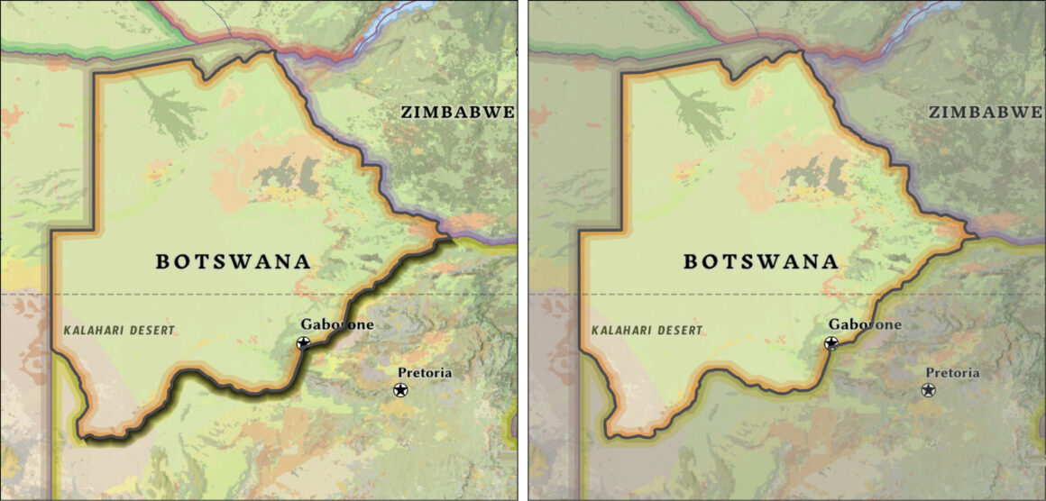 Vergleichende Kartenansicht von Botswana in Afrika zur Darstellung der Figur‑Grund‑Organisation: links eine Karte ohne klare Figur‑Grund‑Trennung mit stark eingebettetem Hintergrund, rechts eine Karte mit deutlicher Hervorhebung von Botswana durch geschlossene Form, stärkere Konturen und reduzierte Hintergrunddarstellung.