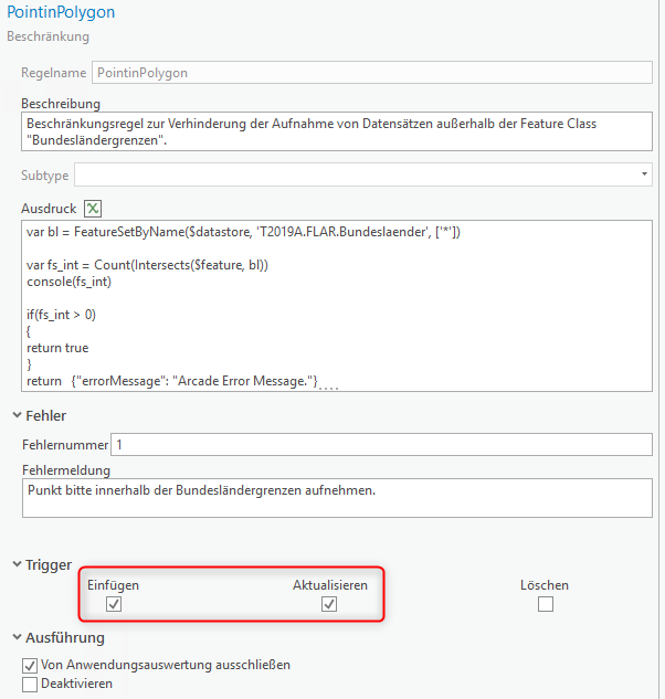 Beispiel einer Regel mit den Triggern "Einfügen" und "Aktualisieren"