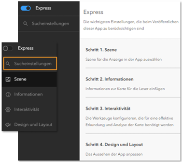 Suche von Funktionen, sowohl im Express- als auch im Standard-Modus.