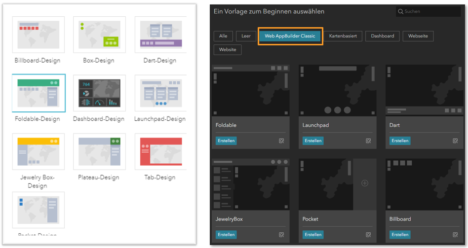 Vergleich der Web AppBuilder Designs (links) mit den passenden Experience Builder Vorlagen (rechts).
