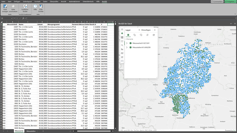 Abbildung 2: Microsoft Excel mit aktiviertem ArcGIS for Excel Add-In (Datenquelle der verwendeten Beispieldaten: Hessisches Landesamt für Naturschutz, Umwelt und Geologie,  http://www.hlnug.de,  Stand: 14.03.2025) 
