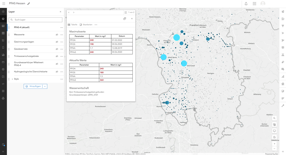 Abbildung 3: Webkarte im Map Viewer (Datenquelle der verwendeten Beispieldaten: Hessisches Landesamt für Naturschutz, Umwelt und Geologie,  http://www.hlnug.de,  Stand: 14.03.2025) 