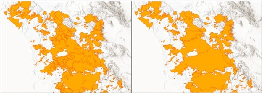 Die Karte auf der linken Seite verwendet die Standardreihenfolge der Features.  Die Karte auf der rechten Seite ist so gezeichnet, dass die größten Brände oben liegen