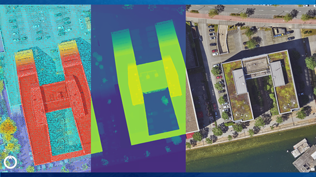 Abb. 7: Produkte der 2D / 3D Rekonstruktion in ArcGIS Reality. Oben: bDOM (als Punktwolke und Raster) und True Ortho.