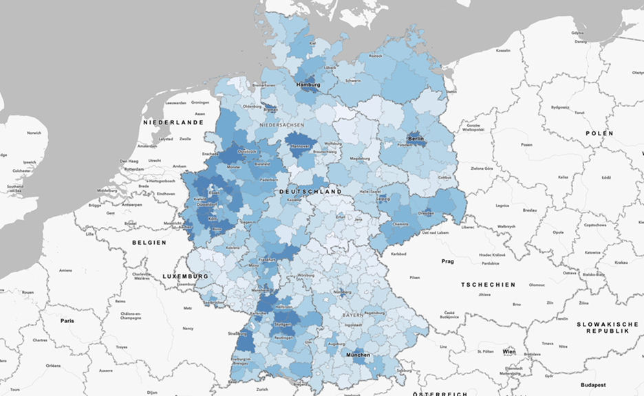 Thematische Deutschlandkarte mit farblich hervorgehobenen Landkreisen und Städten, die regionale Unterschiede visualisiert.
