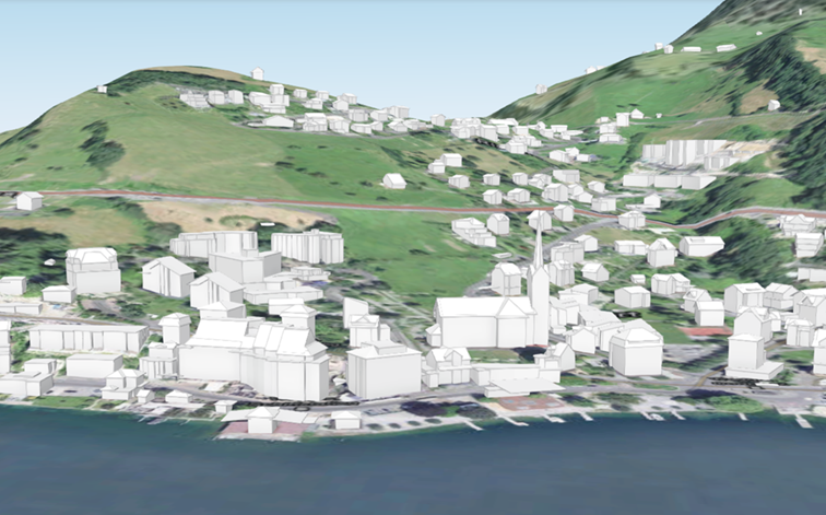 3D‑Darstellung einer Stadtlandschaft am Wasser mit vereinfachten weißen Gebäudemodellen vor grünem Hügelland.