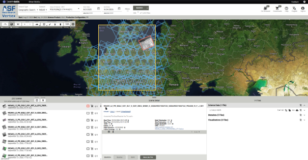 Screenshot des ASF Vertex Webportals zur Verwaltung und Visualisierung von Radarsatellitendaten. Die Benutzeroberfläche zeigt eine Europakarte mit überlagerten Satellitenflugbahnen und einem ausgewählten Untersuchungsgebiet. Im unteren Bereich sind verfügbare Datensätze und Metadaten aufgelistet.