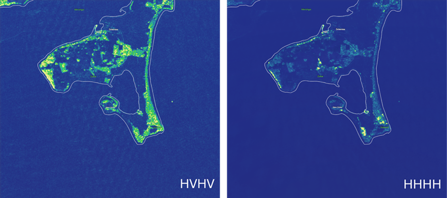Vergleich zweier SAR-Polarisationsdarstellungen der Insel Hiddensee. Links ist die Kreuzpolarisation HVHV dargestellt, rechts die Kopolarisation HHHH. Unterschiedliche Reflexionsintensitäten heben Vegetationsflächen, Siedlungen und Küstenstrukturen unterschiedlich hervor.