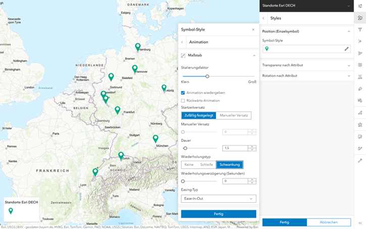 Animierte Symbole und Einstellungsmöglichkeiten für die Standorte von Esri DECH
