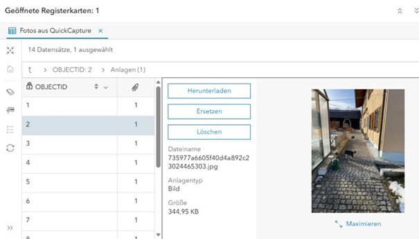 Ansicht eines Bildanhangs in der Attributtabelle in ArcGIS Online