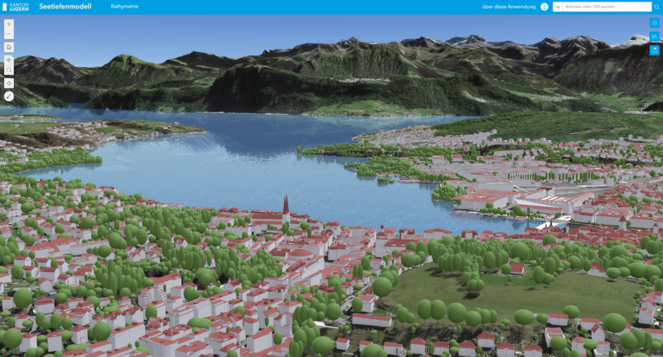 Blick auf die Stadt Luzern im Seetiefenmodell (Quelle: Kanton Luzern) 